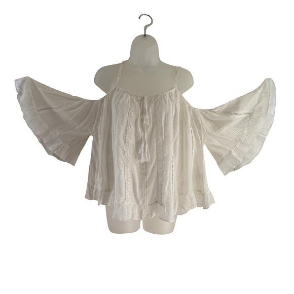 Miss June Paris Blouse Womens White Boho Cold Shoulder Bell‎ Sleeve Lace S/M - Picture 4 of 16